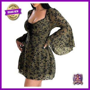 Plus Size Floral Gothic A-Line Dress Long Sleeve Mesh Flare